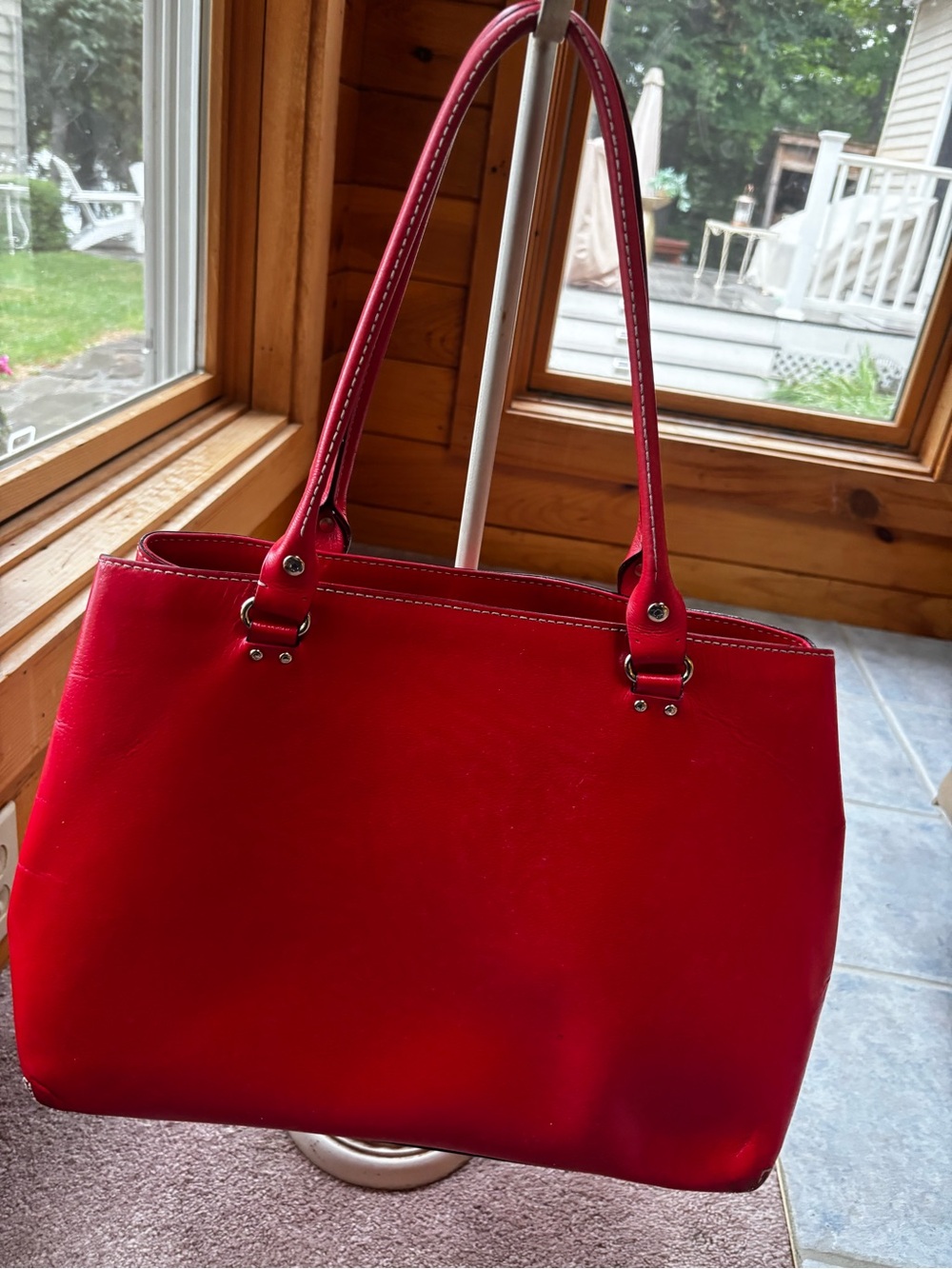 Kate Spade Red Pebbled Leather Studded Logo Plaque Shoulder Tote Bag - Picture 2 of 8